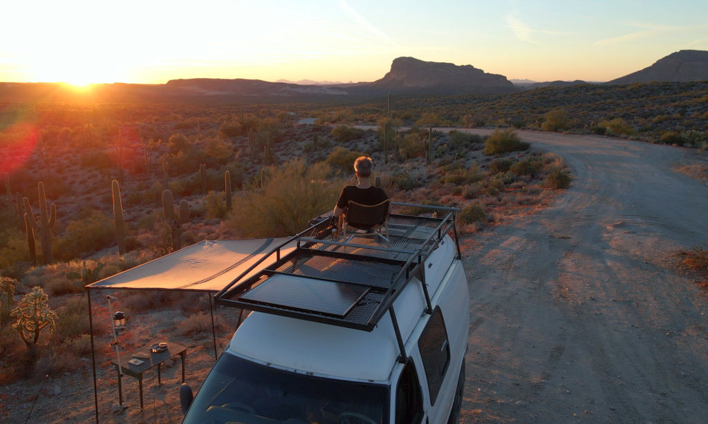 Watching sunset from van roof in Sonoran desert on Cochran Road in Arizona
