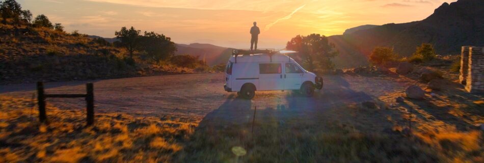 Sterling Noren on van roof Geronimo Trail Arizona