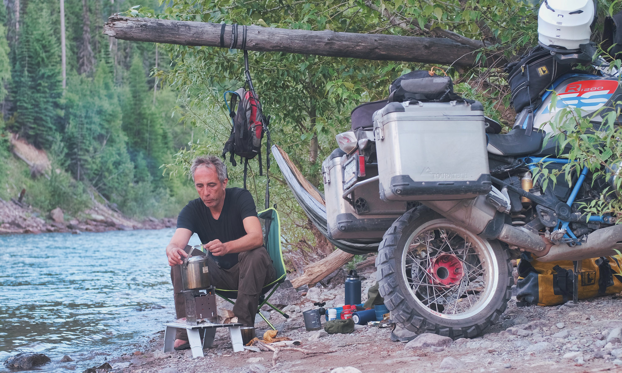 Riding solo motorcycle camping cooking Montana