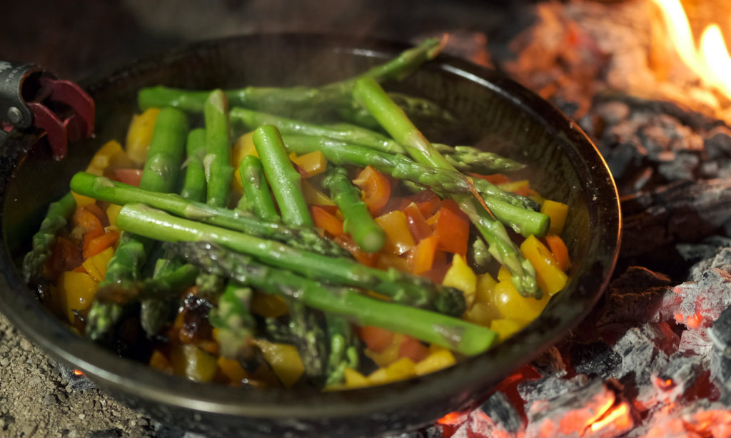 Asparagus dinner camping food in pan