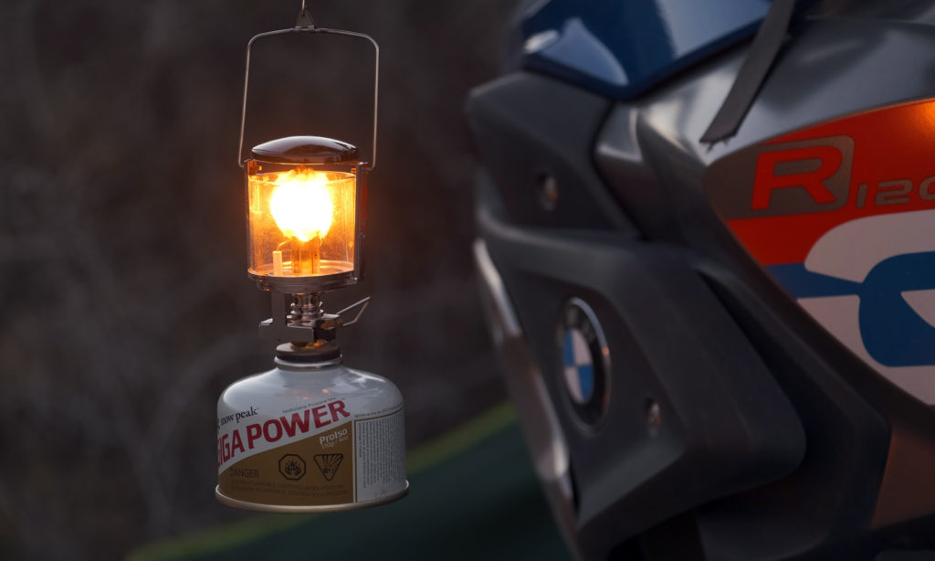 Kovea lantern for motorcycle camping BMW GS