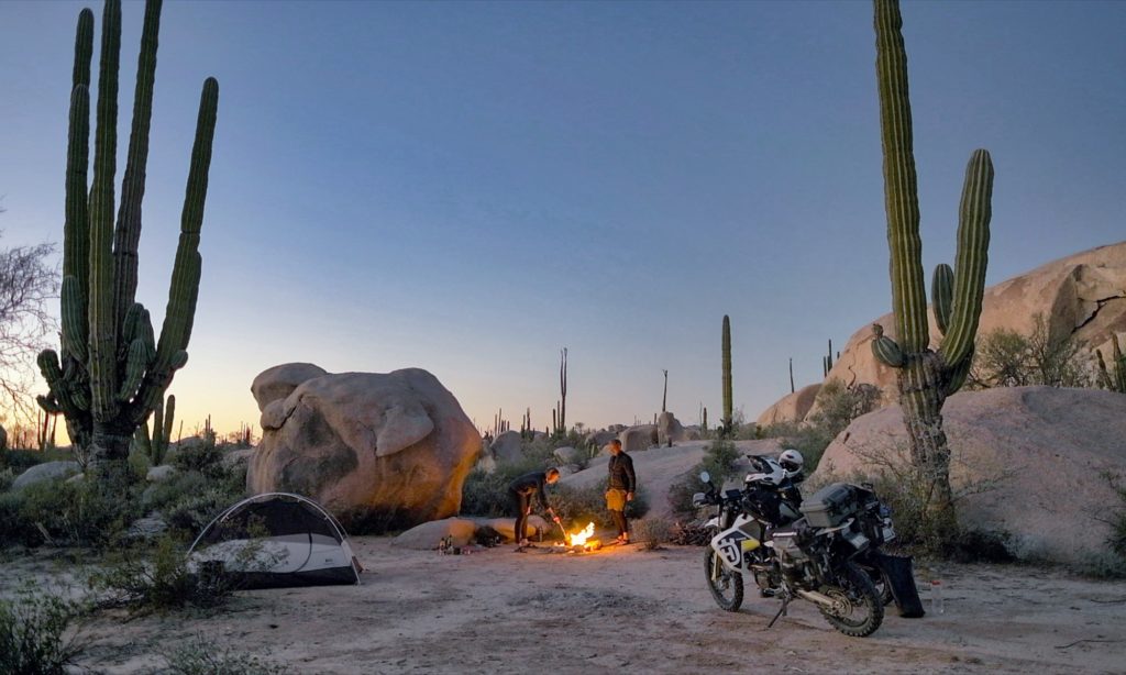 Motorcycle camping with fire in Cataviña Baja California