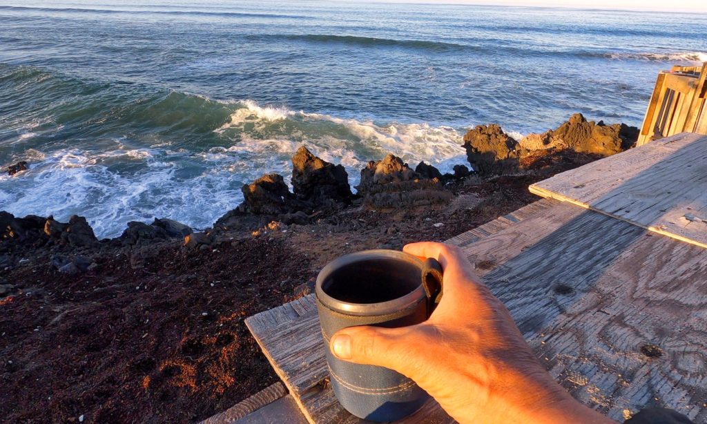 Good morning coffee overlooking the Pacific Ocean in Baja California