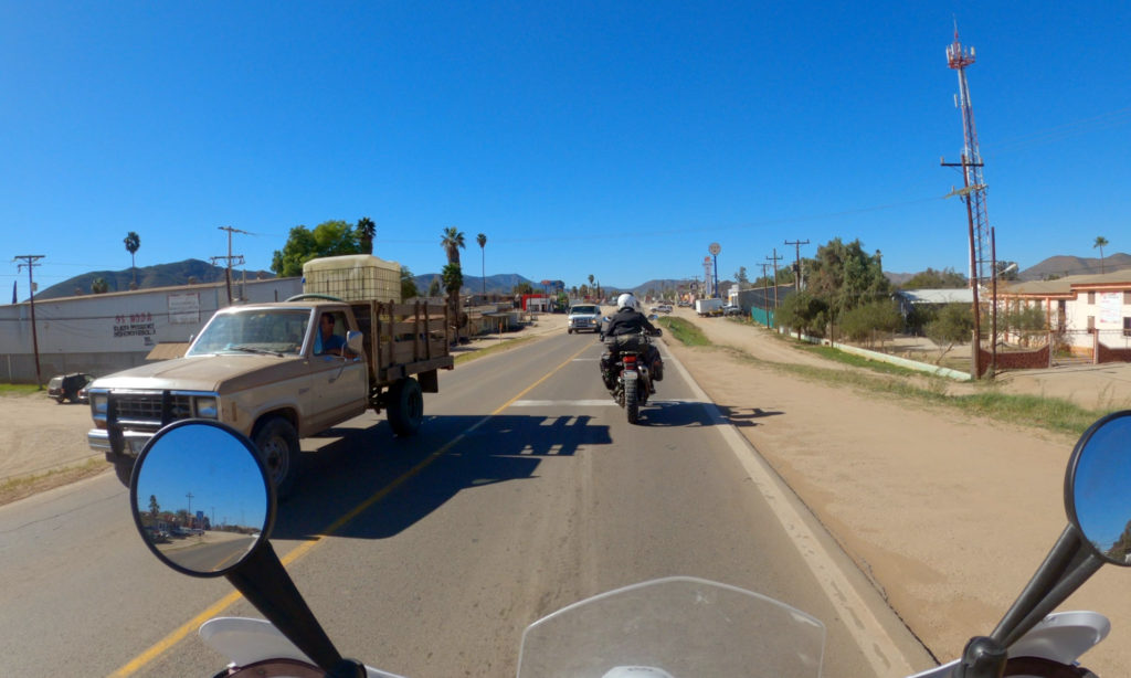 Motorcycling through traffic on Highway 1 Baja Mexico