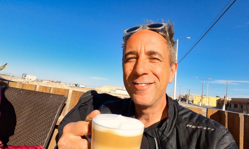 Sterling enjoying a cappuccino at Guerro Negro cafe