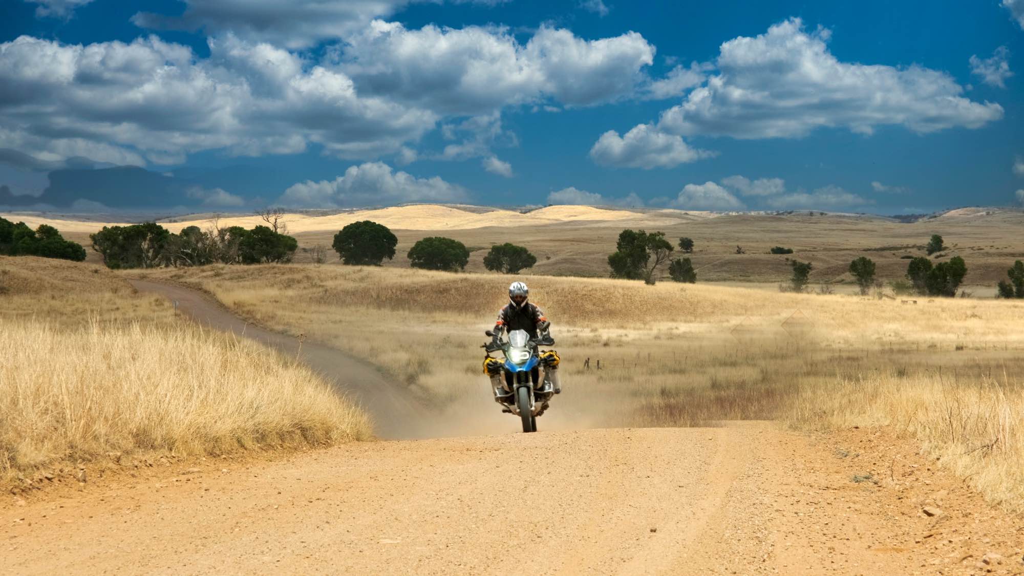 Sterling Noren riding BMW GS motorcycle in Arizona