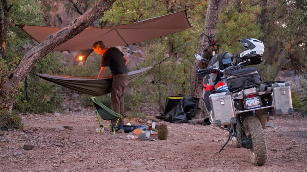 Sterling Noren motorcycle camping in Carr Canyon