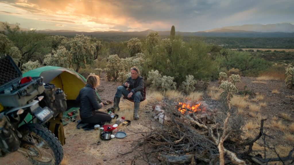 Sterling Noren and Eva Rupert Thanksgiving in the desert motorcycle camping