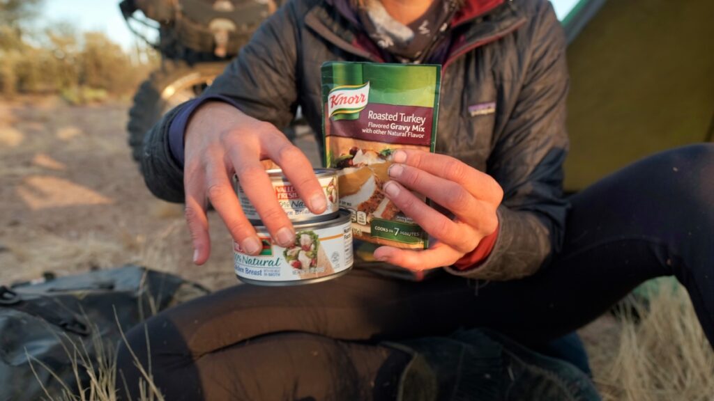 Ingredients for Thanksgiving dinner while motorcycle camping