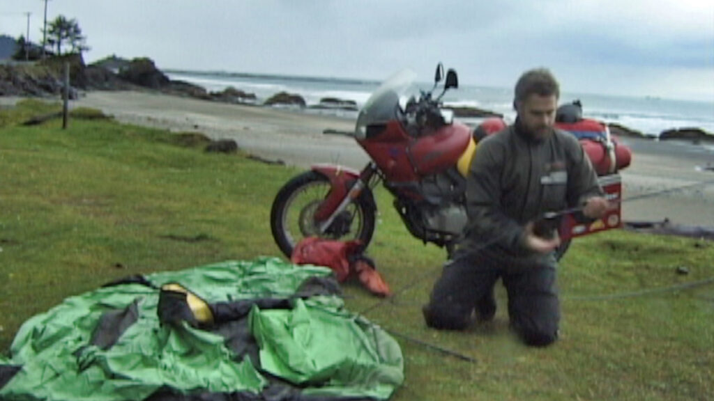 Helge Pedersen in Washington State camping with motorcycle in 1998