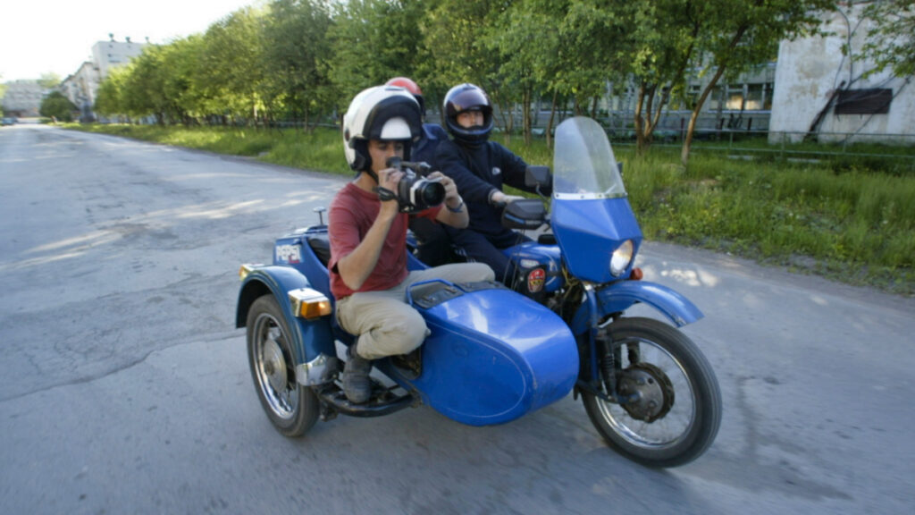 Sterling Noren BMW GS motorcycle filmmaker in sidecar in Russia 2002