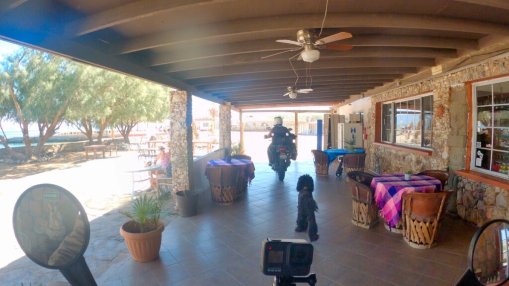 Motorcycling through hotel porch in Bahía de los Ángeles Baja California