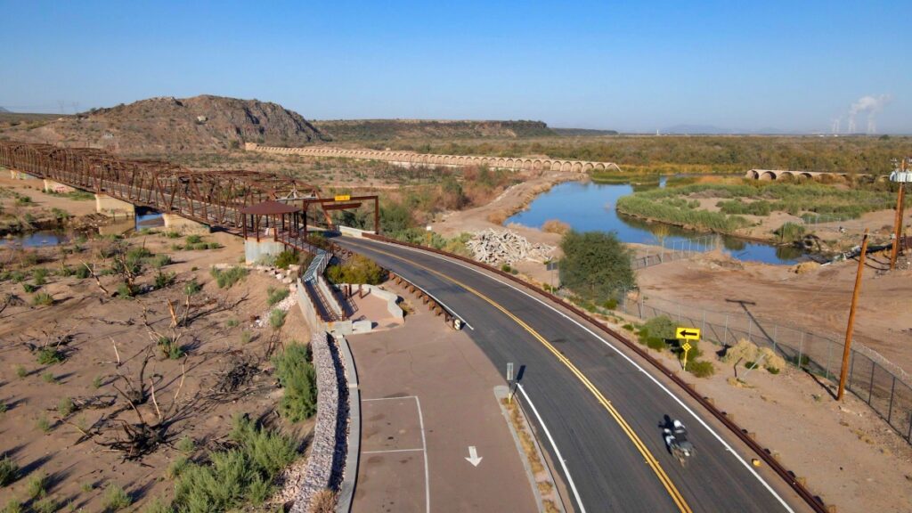 Aerial view of the Gillespie Dam Bridge and the Gila River in Arizona