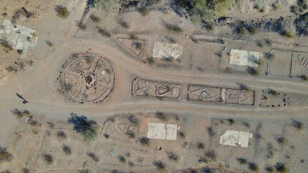 Aerial view of rocks at Sundad ghost town site in Arizona