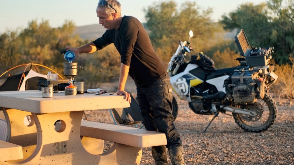 Sterling Noren motorcycle camping with Husqvarna near Gila Bend Arizona