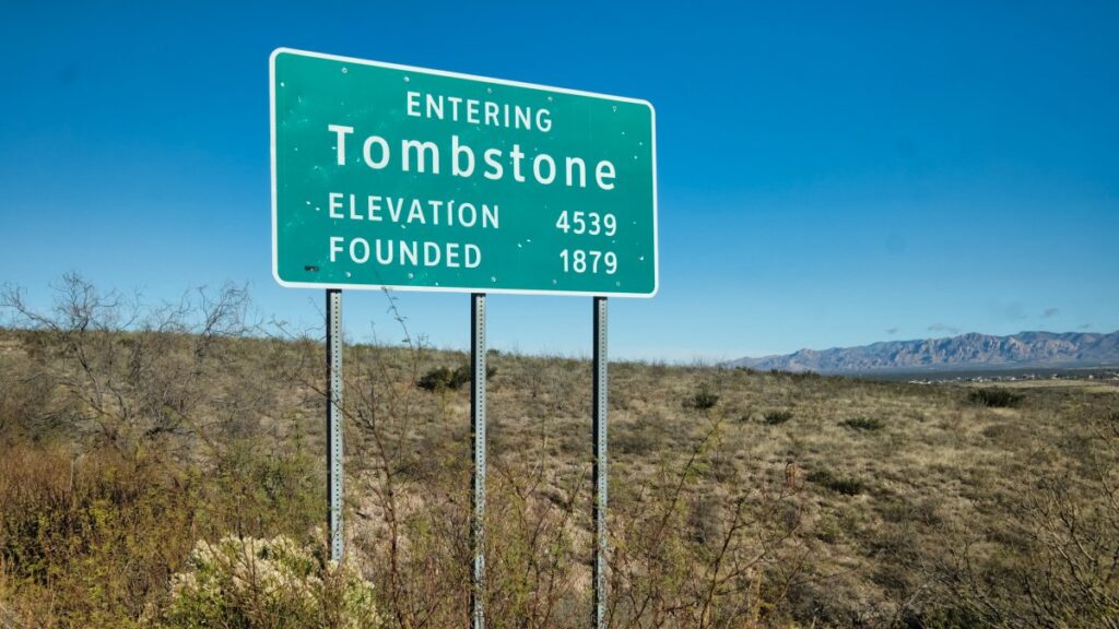 Road sign of Tombstone Arizona - Elevation 4539 - Founded 1879
