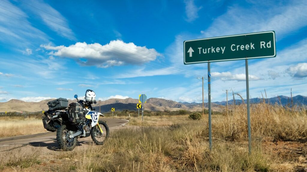Sterling Noren's motorcycle parked at the entrance to Turkey Creek in Arizona