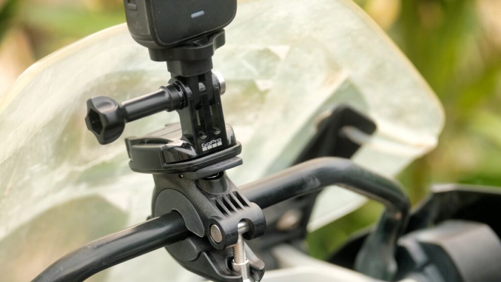 GoPro mount on a motorcycle handlebar