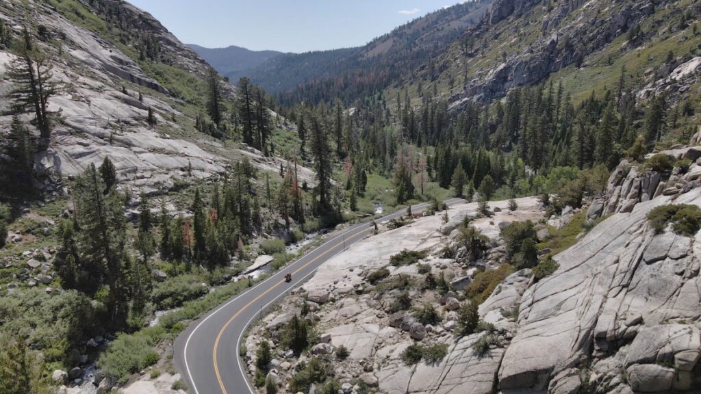 BMW GS motorcycle riding Sierra Nevada mountains