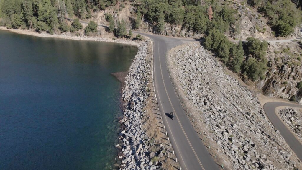 BMW GS motorcycle across Beardsley reservoir dam