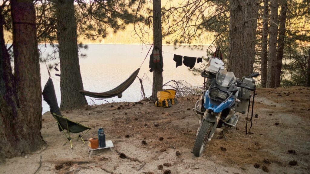 motorcycle camping with hammock