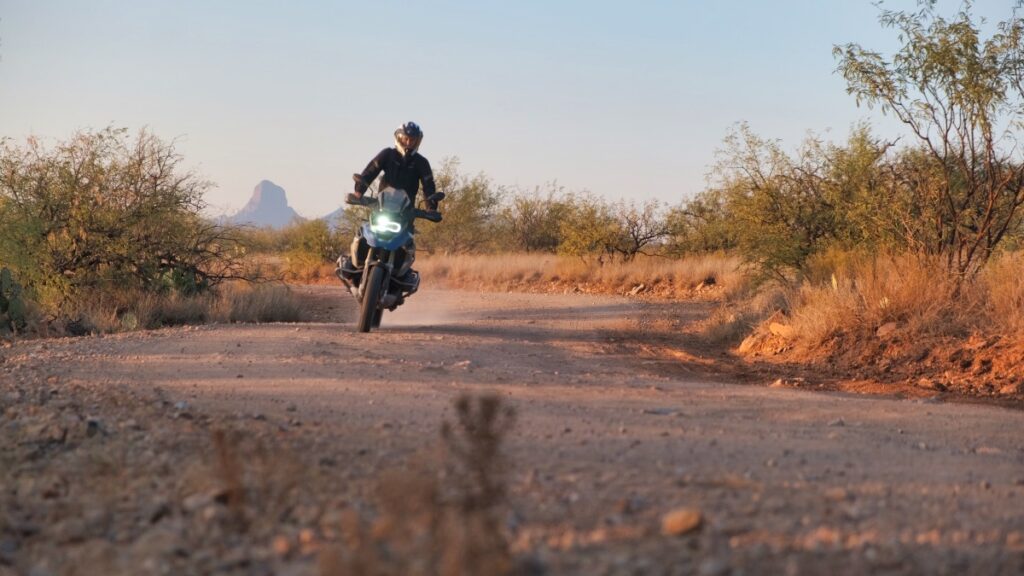Sterling Noren riding BMW GS motorcycle in Buenos Aires National Wildlife Refuge 2020