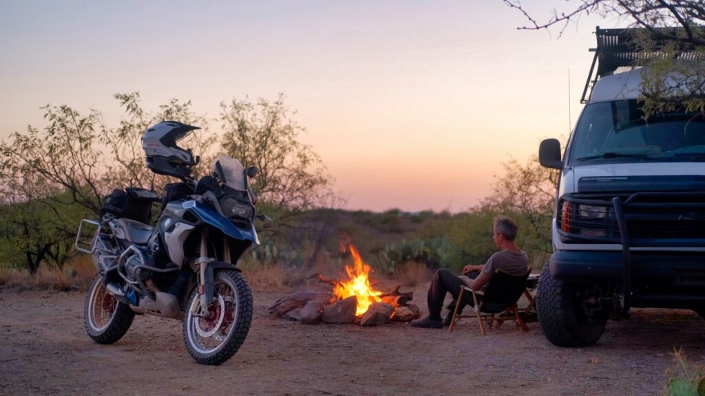 Sterling Norenvan camping with BMW GS motorcycle in Buenos Aires National Wildlife Refuge 2020