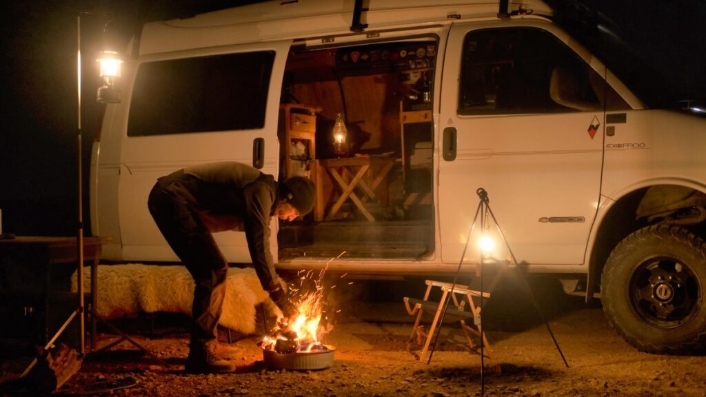Sterling Noren Geronimo Trail 2021 van camping building fire night