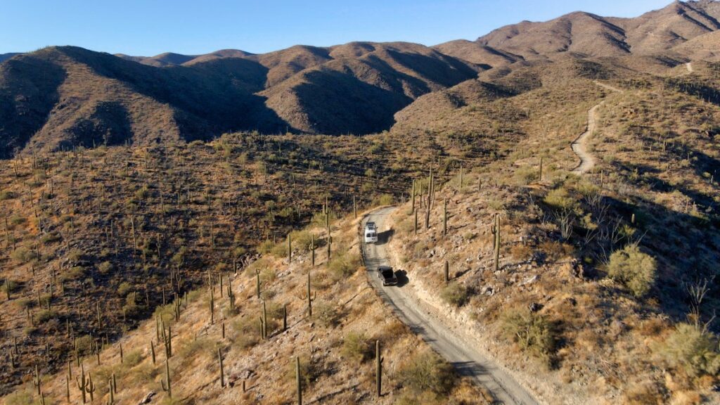 Mount Harquahala Sterling Noren and Eva Rupert 2021 van and truck driving dirt road