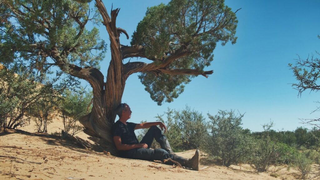Sterling Noren sitting under tree in New Mexico