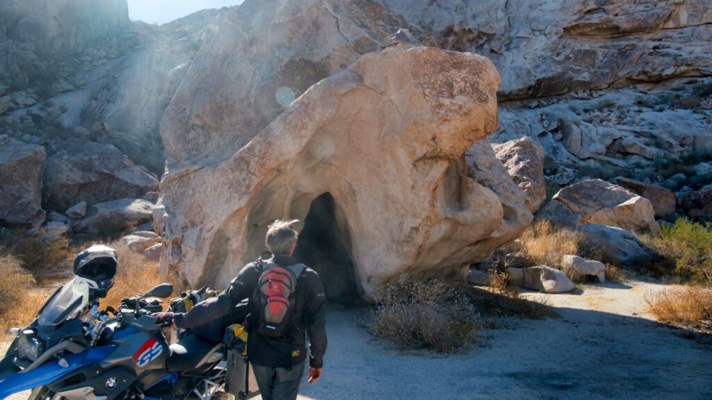 Sterling Noren El Camino del Diablo 2021 motorcycle camping inside of cave