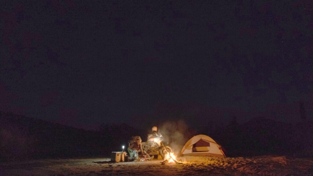 Sterling Noren El Camino del Diablo 2021 motorcycle camping at night