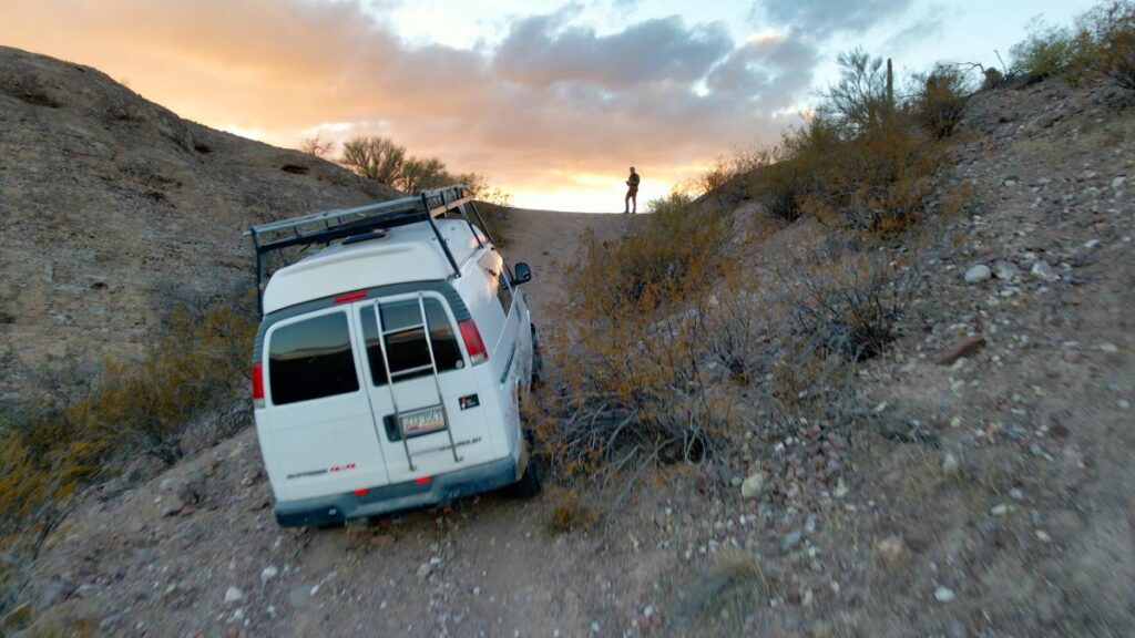 overland van camping Cascabel Road Arizona 2021 climbing hill 4x4