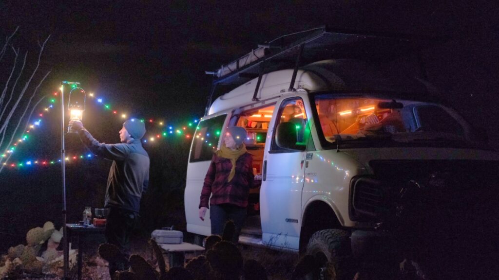 overland van camping Cascabel Road Arizona 2021 night string lights