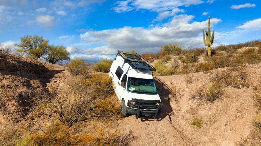 overland van camping Cascabel Road Arizona 2021 van descending hill