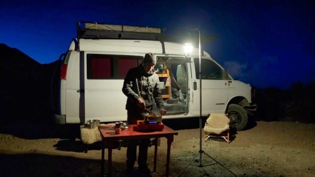 overland van camping Santa Rita mountains Arizona 2021 cooking at night