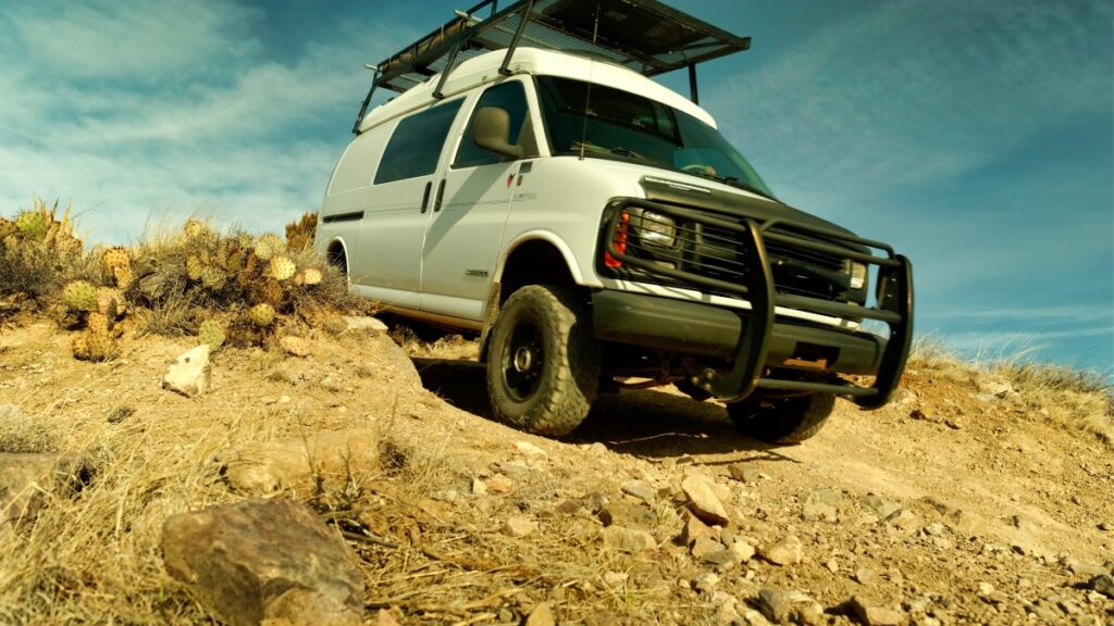 overland van camping Santa Rita mountains Arizona 2021 van descending hill